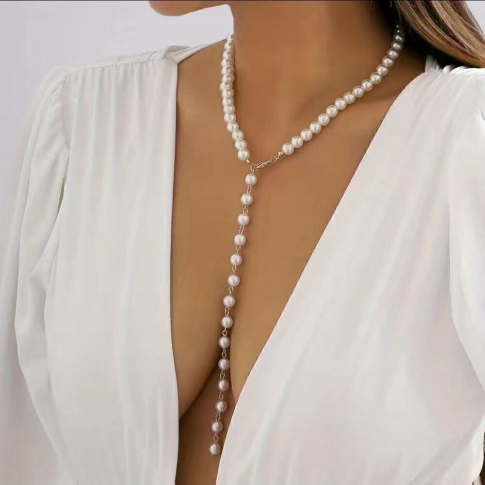 Women's Vintage Style Faux Pearl Beads Long Tassel Necklace